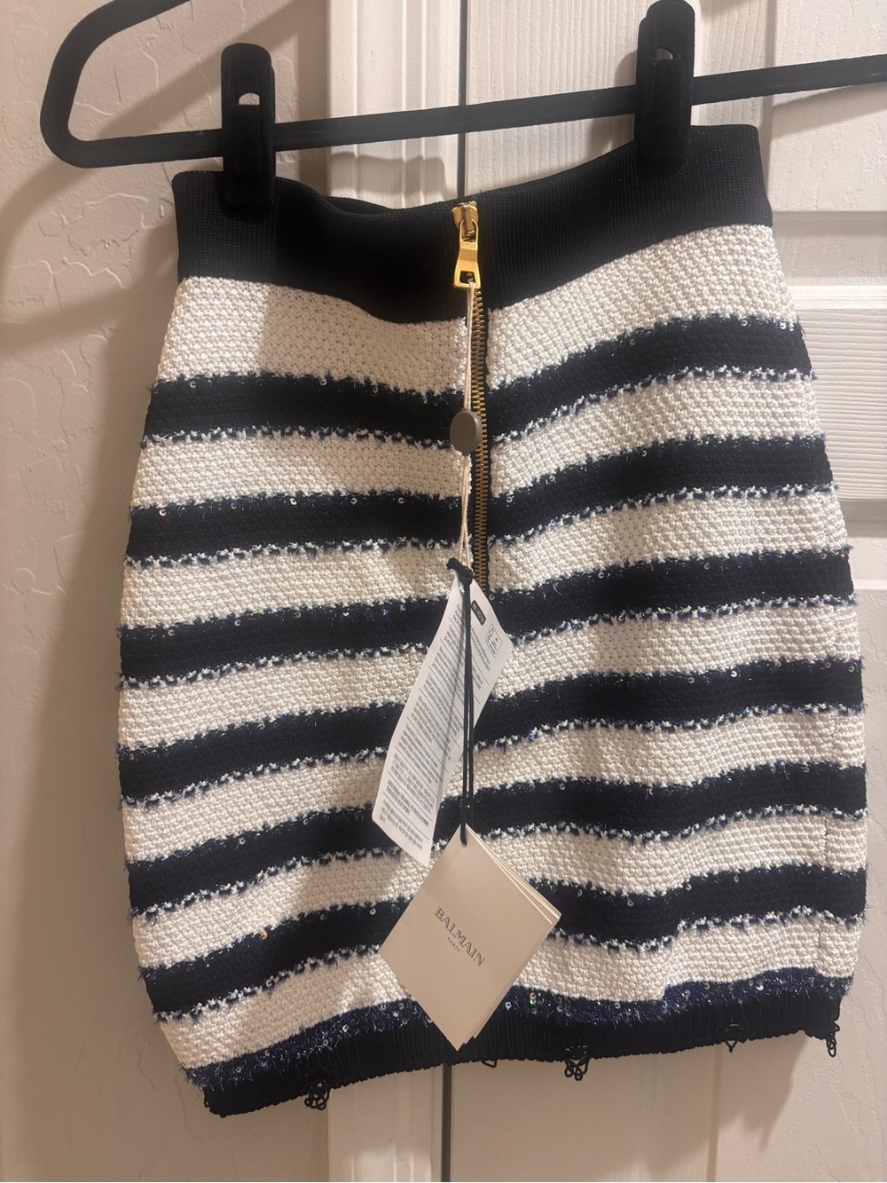 Balmain Black and White Striped Knit Pencil Skirt with Gold Zip